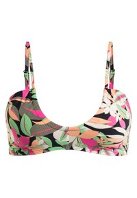 Bikinitopp med svart bas och färgglada blommor och blad i rosa, grönt och persika. Inkluderar justerbara band.