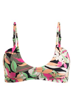 Bikinitopp med svart bas och färgglada blommor och blad i rosa, grönt och persika. Inkluderar justerbara band.