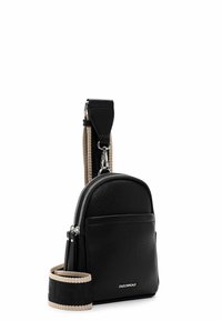 Black textured leather crossbody bag with dual zip closure, front pocket, and wide adjustable beige and black strap.