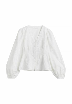 Hvid bluse med lange ærmer, V-hals, knaplukning foran, diskret blomsterbroderi og rynkede manchetter.