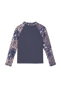 Långärmad simskjorta i marinblått med ljusrosa tropiska bladmönster på ärmarna; mjukt, stretchigt tyg; åtsittande design.