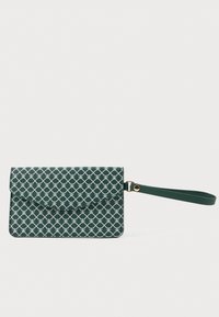 Πράσινη τσάντα πορτοφολιού με σχέδιο και λουράκι, διαθέτοντας γεωμετρικό σχέδιο και μαγνητική κλείσιμο καπάκι. Λείος υφή, από συνθετική δερμάτινη ύλη.