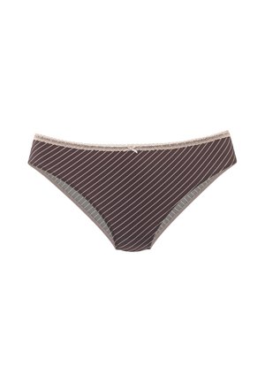 Dark brown women’s underwear with thin diagonal beige stripes and beige lace trim along the waistband.
