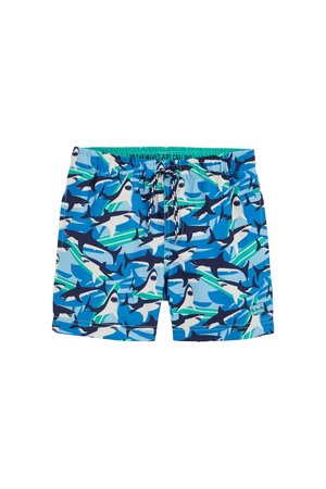 Blue swim shorts featuring a shark pattern with greens and whites. Elastic waistband with drawstring; lightweight, quick-dry fabric.