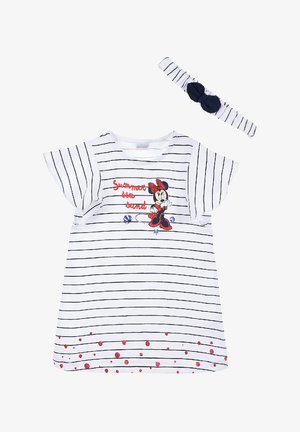 Robe rayée blanche avec des manches courtes volantées, présentant un design de Minnie Mouse, des accents rouges et un bandeau assorti bleu marine.