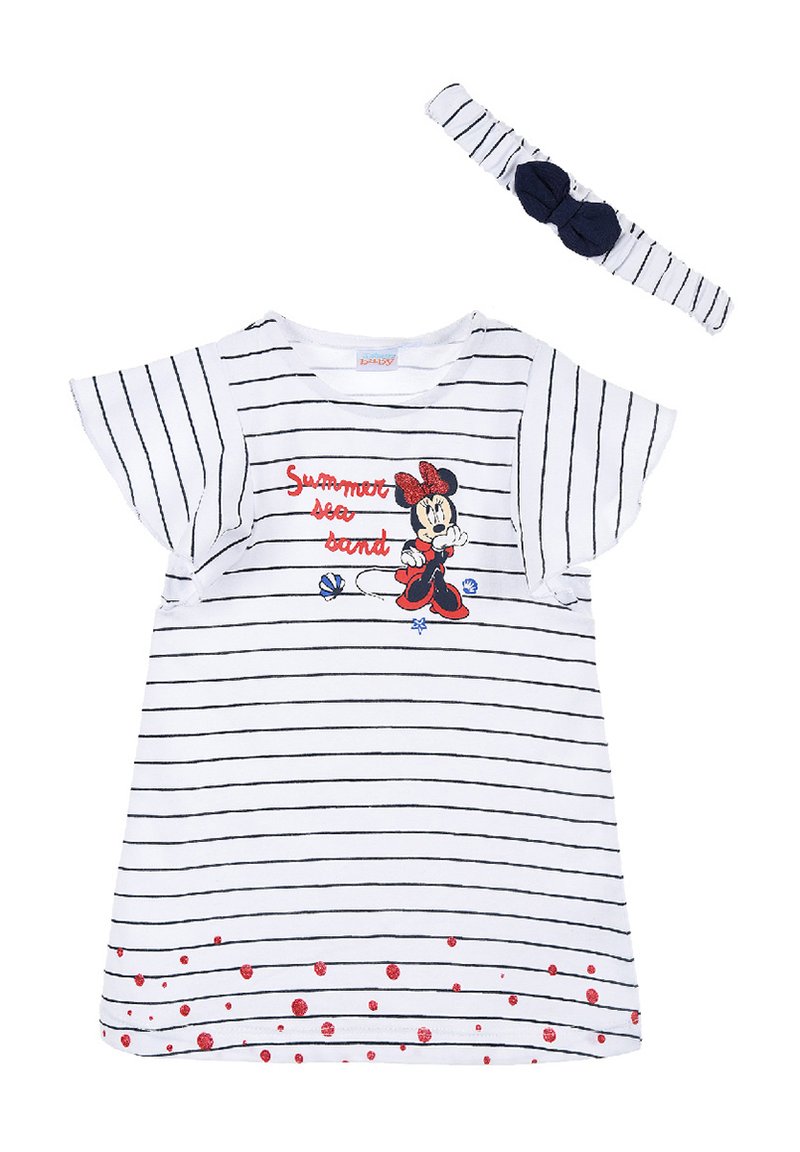 Abito bianco a righe con maniche a farfalla corte, caratterizzato da un design di Minnie Mouse, dettagli rossi e un cerchietto abbinato in blu navy.
