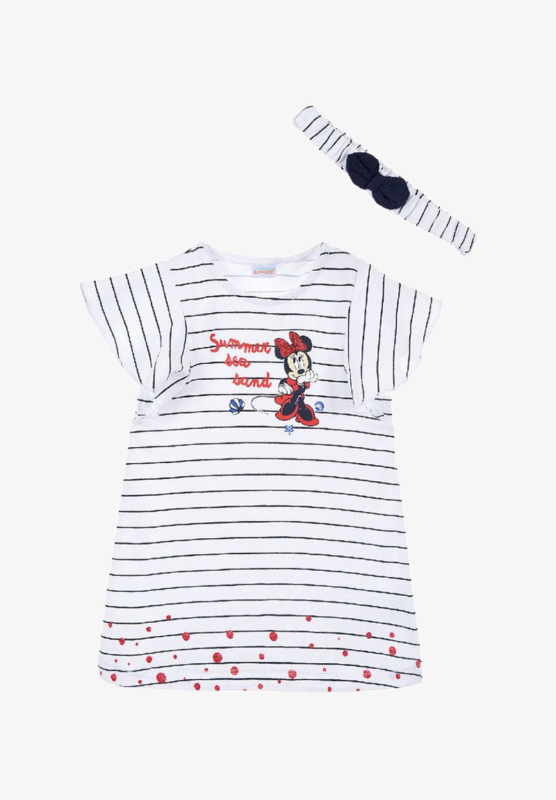 Gestreiftes weißes Kleid mit kurzen, flatternden Ärmeln, das ein Minnie Maus Design, rote Akzente und ein passendes dunkelblaues Haarband aufweist.