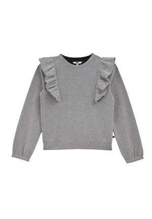 Grijze sweatshirt met gerimpelde accenten langs de schouders, ronde halslijn en lange mouwen. Getextureerde stof met een subtiele glans.