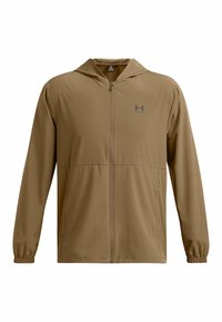 Veste zippée marron avec capuche, en tissu doux, avec des poignets élastiques et un logo sur le côté supérieur gauche. Inclut deux poches latérales.