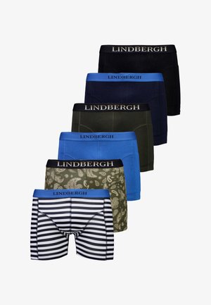 Sechs Paare Herren-Boxershorts in Schwarz, Navy, Grün, Blau, mit Paisleymuster und Schwarz-Weiß-Streifen, alle mit Lindbergh-Logo auf dem Bund.