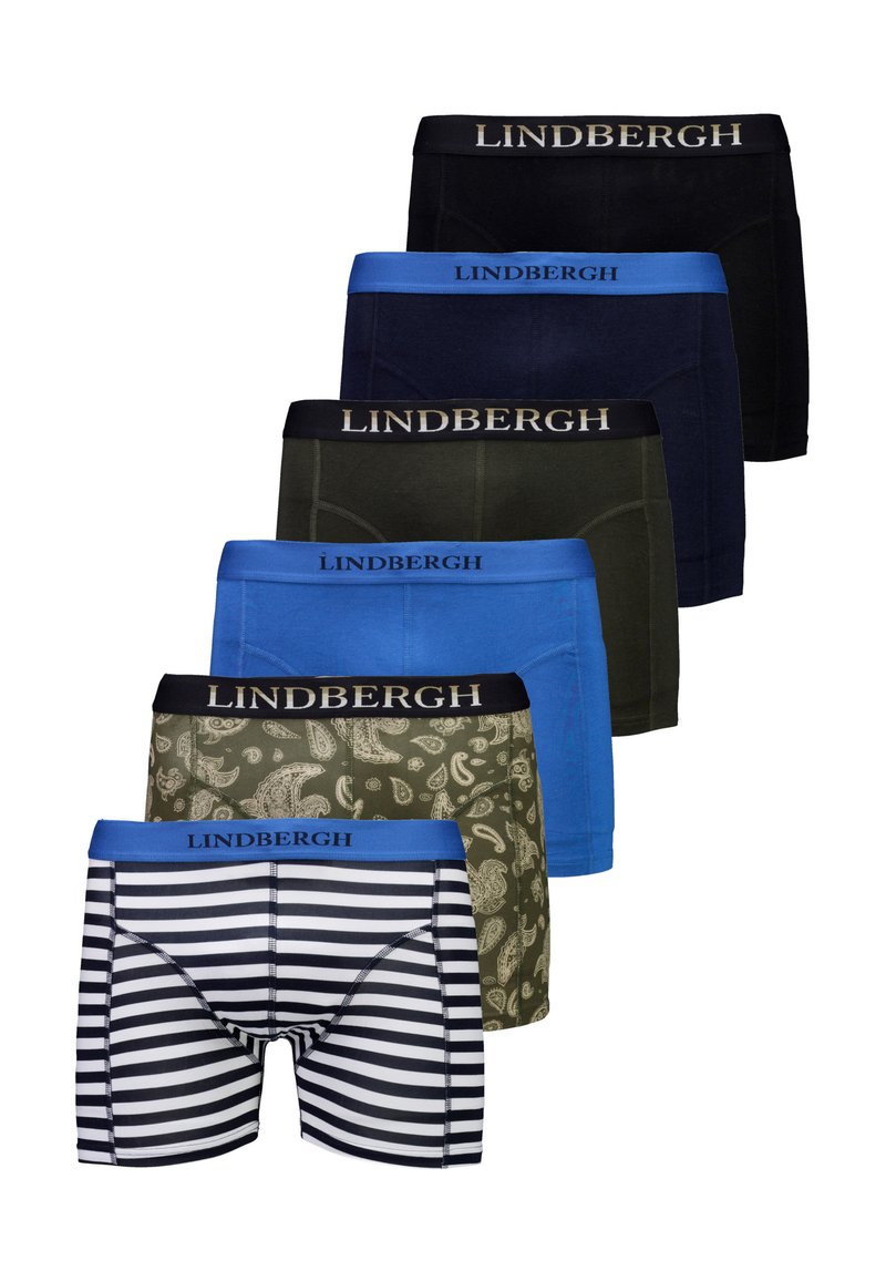 Six pairs of men's boxer briefs in black, navy, green, blue, paisley pattern, and black-and-white stripes, all with Lindbergh branded waistbands.