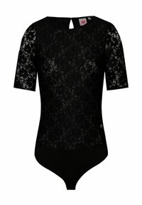 Schwarzer Spitzen-Bodysuit mit kurzen Ärmeln, floralem Muster, Aussparung im Rücken und Druckknopfverschluss am unteren Ende. Glatte Stoffübergänge.