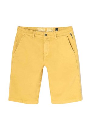 Shorts chino jaunes en coton, dotés de poches avant, d'une fermeture à bouton et d'une texture lisse. Design simple et coupe à hauteur des genoux.
