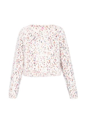 Maglione bianco lavorato a maglia con scollatura a V, caratterizzato da un motivo testurizzato e macchie multicolori. Vestibilità cropped con maniche lunghe.
