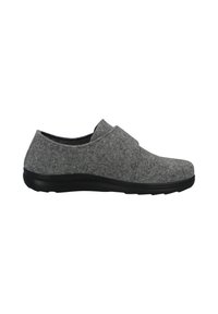 Gray felt slip-on shoe with a rounded toe and subtle diagonal crossover design. Black rubber sole for traction and comfort.
