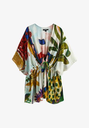 Mehrfarbiges Kimono-Oberteil mit tiefem V-Ausschnitt, botanischen und abstrakten Mustern, geraffter Taille mit Kordelzug und kurzen Ärmeln.