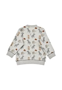 Gray sweatshirt featuring a pattern of elephants, zebras, and tigers, with brown accents and a textured finish. Ribbed cuffs and hem.