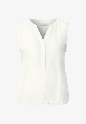Hvid ærmeløs top med V-udskæring, der har en afslappet pasform og en samlet bunde. Glat stof uden synlige mønstre.
