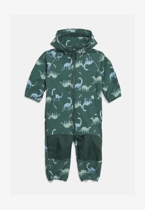 Πράσινη παιδική ολόσωμη φόρμα με κουκούλα, φερμουάρ μπροστά, ενισχυμένα επιθέματα στα γόνατα και ανοιγμένο μπλε και λευκό σχέδιο δεινοσαύρων παντού.