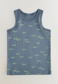 Top in cotone blu con motivo a crocodile verde ripetuto. Bordo cucito, scollatura rotonda e design senza maniche.