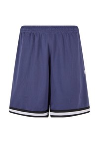 Shorts de sport bleu marine avec une taille élastique, accents rayés blancs et noirs au bas, fabriqués en tissu léger et respirant.