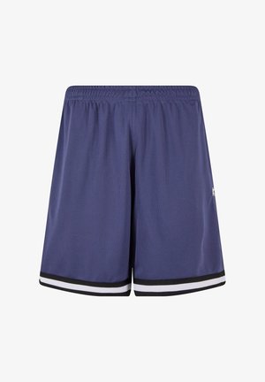 Șorturi atletice bleu marin cu un elastic la talie, detalii în dungi alb-negru la tiv, realizate dintr-un material ușor și respirabil.