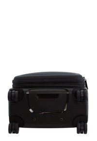 Valigia nera rigida con parte superiore con zip, quattro ruote e maniglia a scomparsa. Texture liscia e design minimalistico e elegante.