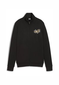 Sudadera negra con cremallera y cuello alto, que presenta un diseño floral en oro y blanco en el lado izquierdo del pecho. Textura suave, mangas largas.