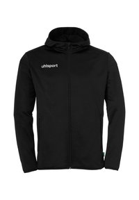 Felpa nera con cappuccio realizzata in tessuto morbido e elasticizzato. Dotata di zipper completo, due tasche laterali e cappuccio regolabile con cordino. Logo in evidenza sul petto.