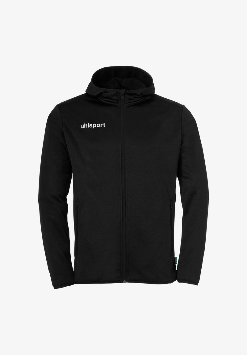 Felpa nera con cappuccio realizzata in tessuto morbido e elasticizzato. Dotata di zipper completo, due tasche laterali e cappuccio regolabile con cordino. Logo in evidenza sul petto.