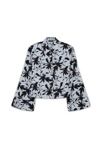 Camicia corta di colore azzurro chiaro con un motivo floreale nero. Presenta maniche lunghe e svasate e chiusura con bottoni sul davanti.