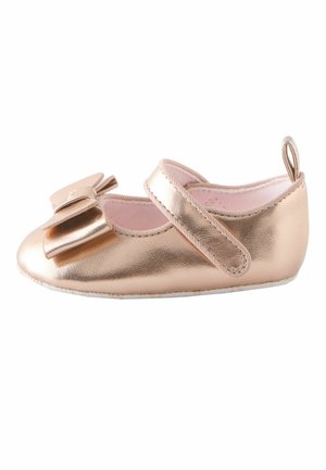 Metallic rose gold baby shoe with a bow on the front, a hook-and-loop strap, and soft pink interior lining.