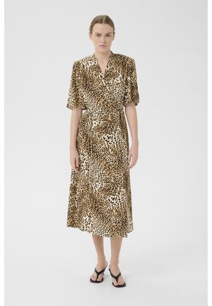 Leopard print midi dress with short puff sleeves, wrap design, and belt. Made from lightweight fabric in shades of brown and cream.