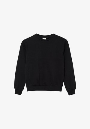 Zwarte longsleeve crewneck sweatshirt met ribgebreide manchetten en onderrand, weergegeven op een witte achtergrond.