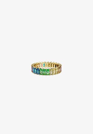 Gold-toned bracelet with rectangular multicolored gemstones in blue, green, yellow, and purple settings, featuring a flexible design.