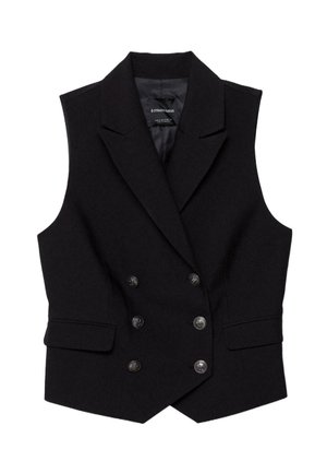 Črna brezrokavna dvoredna jopič brez rokavov s šestimi gumbi, širokimi ovratniki in dvema sprednjima žepoma z zavihkom, položena ravno.