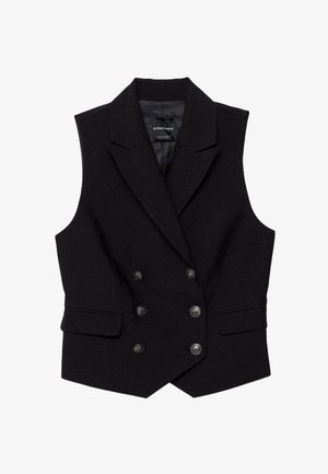 Črna brezrokavna dvoredna jopič brez rokavov s šestimi gumbi, širokimi ovratniki in dvema sprednjima žepoma z zavihkom, položena ravno.