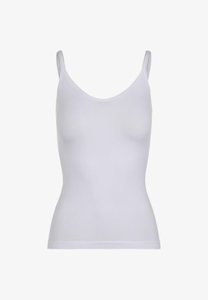 Valge spagetitrippidega tank top, koonuskaeluse disain ja liibuv vorm. Valmistatud siledast, venivast kangast, ilma silmapaistvate mustrite või aktsentideta.