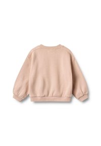 Lichtroze sweatshirt, zachte stof, verlaagde schouders, ribgebreide manchetten en zoom, losse pasvorm, naadloze achterkant zonder ontwerpen of accenten.