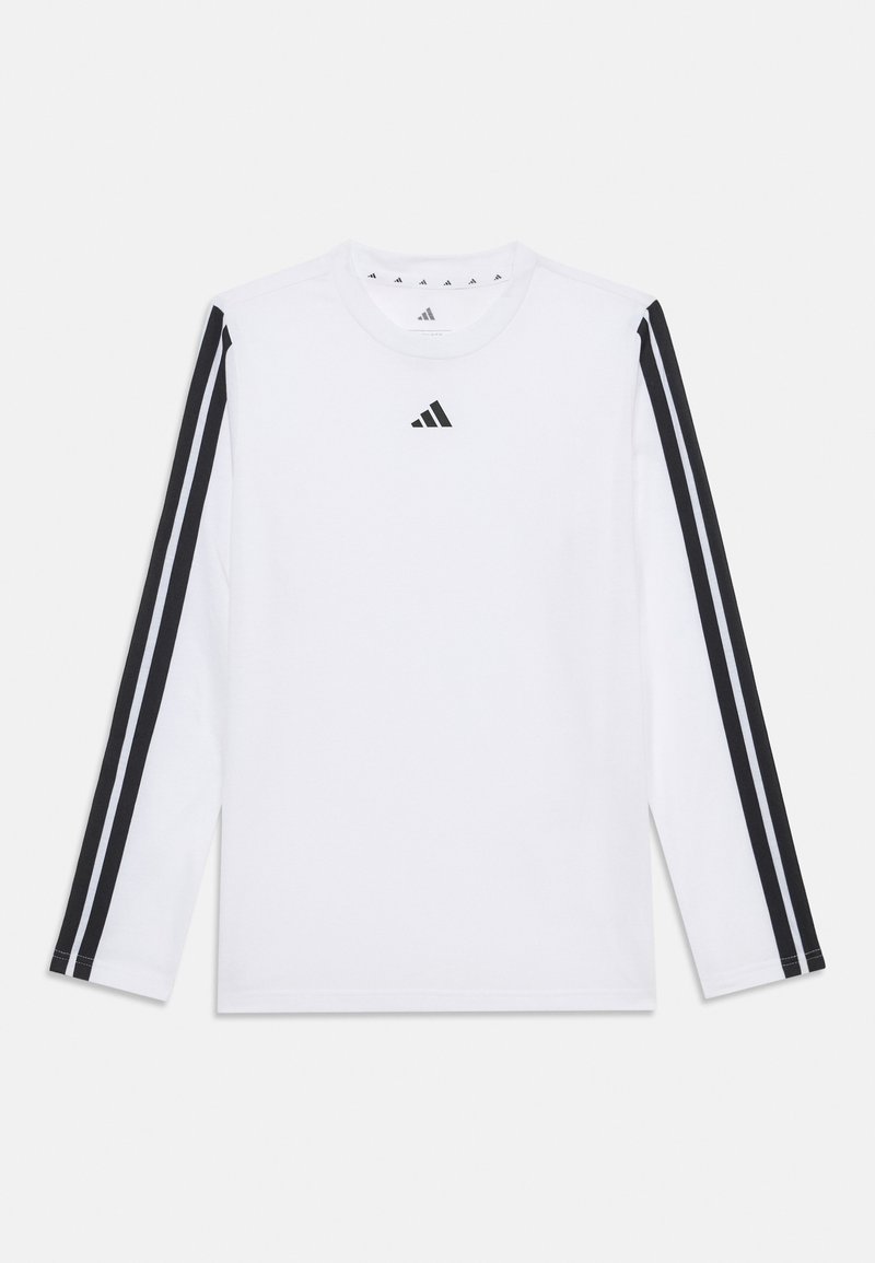 Bjela dugorajna košulja s crnom trostrukom linijom duž ramena i malim crnim logom u sredini. Napravljena od mekog materijala.