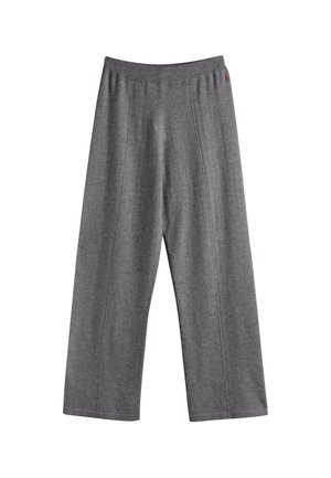 Grijze wijdvallende broek van zachte stof, met een elastische tailleband en subtiele stiksels aan de voorkant.