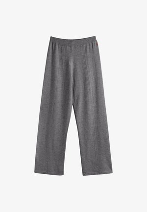 Pantalons larges gris en tissu doux, avec une taille élastique et de subtils détails de couture à l'avant.