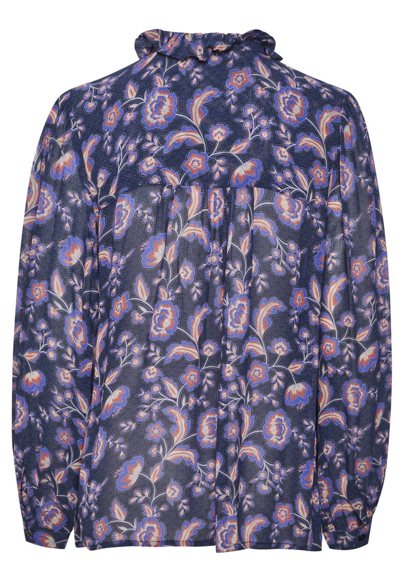 Granatowa, kwiecista bluzka z długim rękawem i falbaną przy dekolcie, z różowymi i niebieskimi wzorami kwiatowymi, z lekkiego materiału i luźnym krojem.