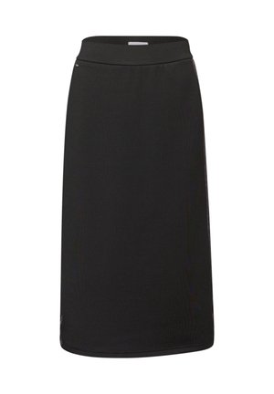 Gonna nera dritta, lunghezza al ginocchio, con una cintura liscia e cuciture minime, mostrata su sfondo bianco.