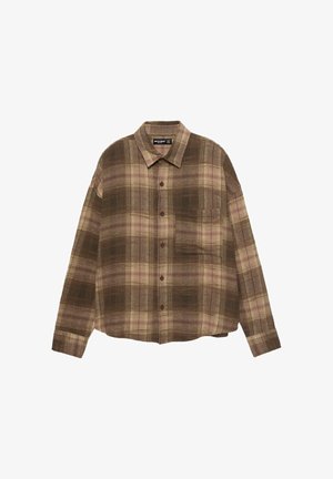 Langarm-Hemd mit Karomuster in Brauntönen, mit durchgehender Knopfleiste, klassischem Kragen und einer Brusttasche. Strukturierter Stoff.
