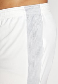 Shorts de sport blancs avec un panneau en mesh gris sur le côté, offrant une texture lisse et une taille élastique pour plus de flexibilité et de confort.