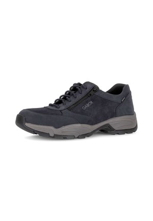 Dark blue suede sneaker with gray sole, lace-up front, side zipper, and padded collar for comfort.