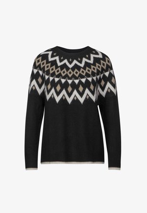Maglione nero con motivo geometrico in beige e bianco. Collo e polsini a costine. Vestibilità rilassata. Texture morbida.