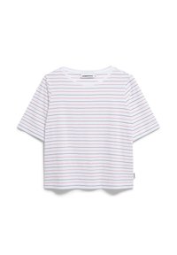 Short-sleeve, crew neck t-shirt in white cotton with thin red and blue stripes, featuring a straight hem and a small logo tag at the side.