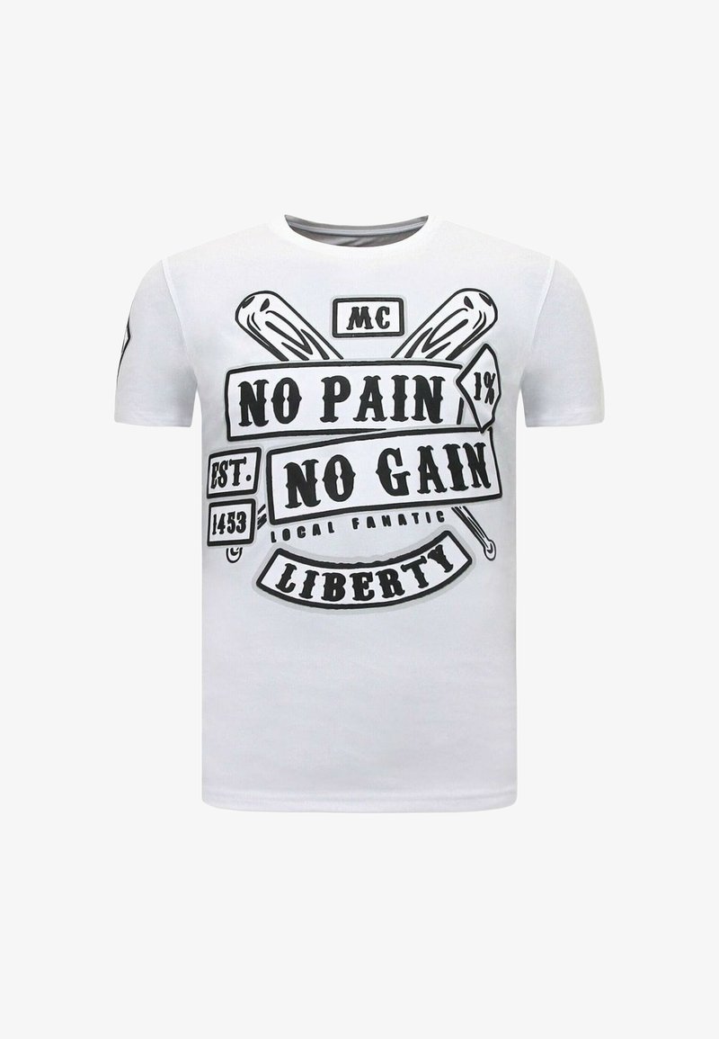 Wit T-shirt met zwarte tekst "No Pain No Gain", gekruiste knuppels en extra tekst "MC", "1%", "Est. 1453" en "Liberty".